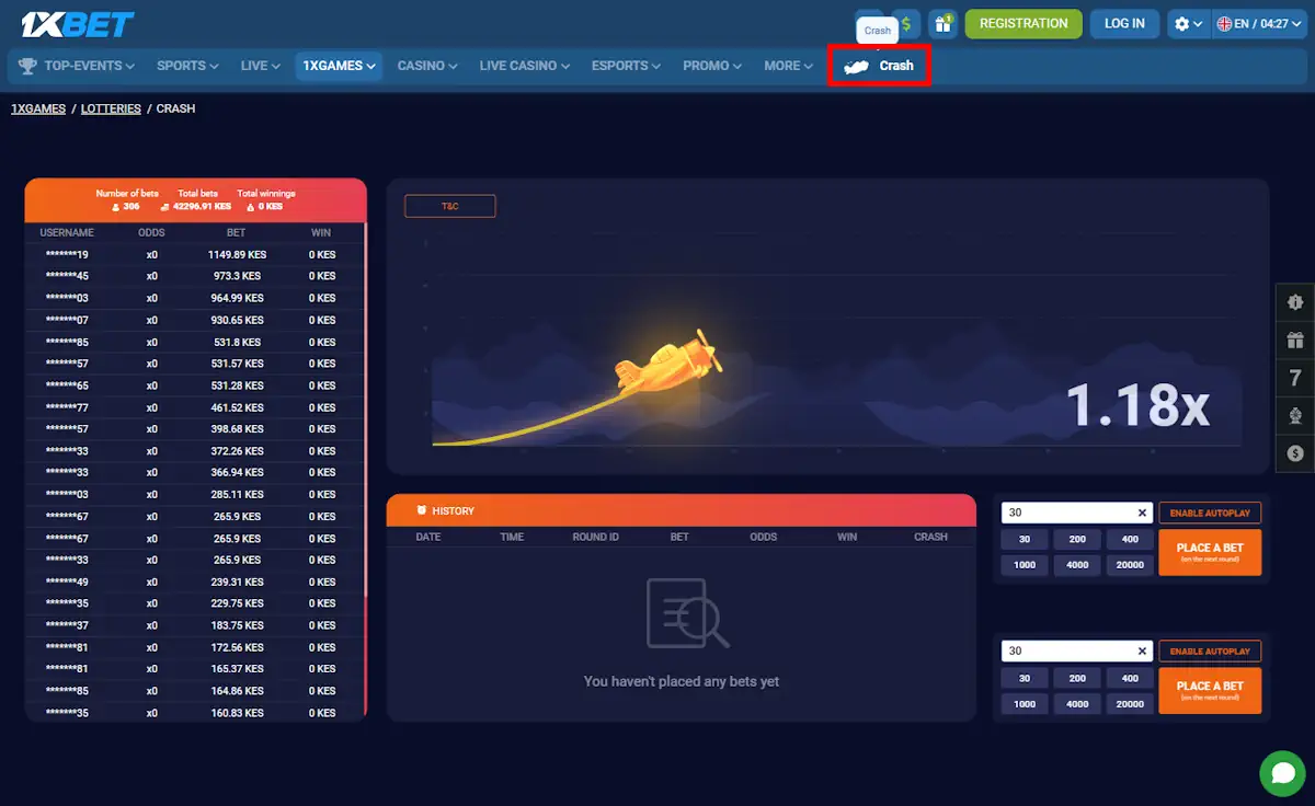 1xBet Crash games Screenshot